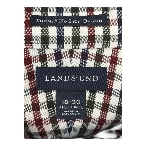 Lands End Shirt Men 18 Big & Tall Supima Cotton Black Red White Checked No Iron‎ - Picture 3 of 8
